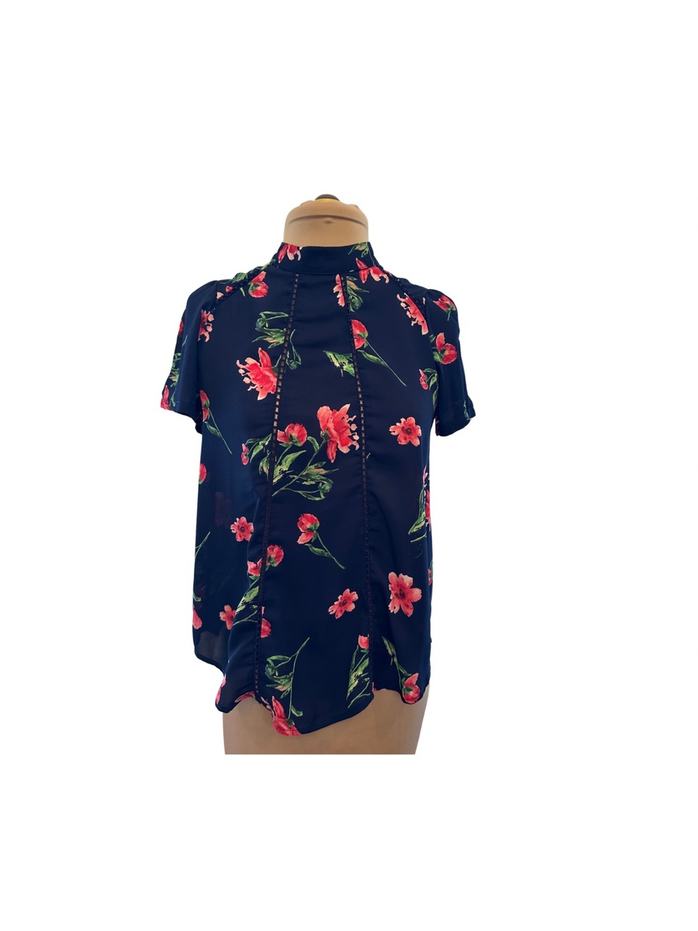 Sienna Sky Navy Mock Neck Floral Short Sleeve Blouse - Size XS